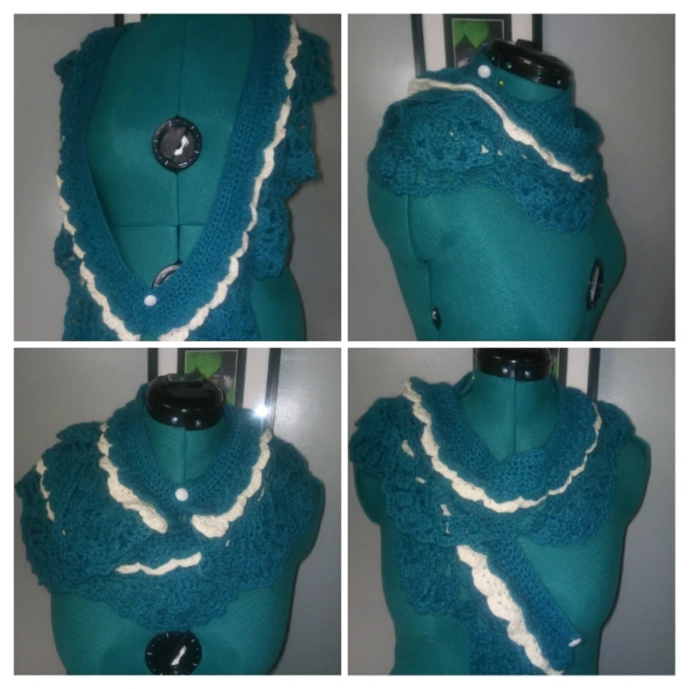 Crochet Multi-Wear Scarf/Wrap/Vest/Accessory in Teal & White NEW